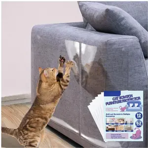 12 Pack Cat Scratch Furniture Protector – Heavy Duty Self-Adhesive Anti Scratch Tape with 52 Twist Pins, Clear No-Residue Couch & Wall Protector for Cats