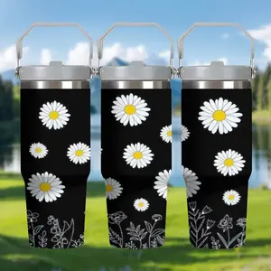 1pc Black and White Daisies Patterned Flower Print, Drinkware, 30oz Stainless Steel Reusable Vacuum Insulated Water Bottle with Straw, Travel Tumbler, Hydration Tumbler, Outdoor Camping, Home, Office, Holiday Gift