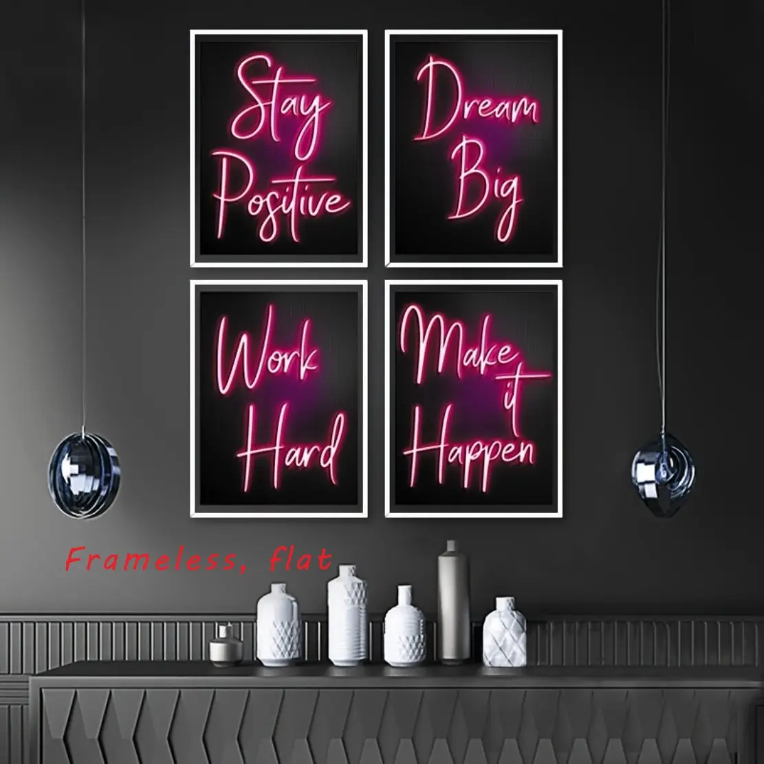 4-Piece Set Inspiring Red Neon Canvas Wall Art for Living Room and Bedroom Decor, Modern Home Decor - Black Background, Frameless, Unframed Art Print