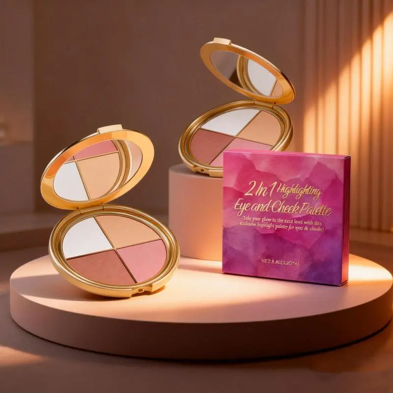 4-in-1 Highlighter Blush Eyeshadow Cosmetic Palette with Brush - Professional Brightening Single Item, 4 Versatile Shades, Silky Smooth Blendable Powder, Buildable Color, Matte Lid, Radiant Finish for All Tones, Daily to Party Use, 24-Month Shelf Life, Ad
