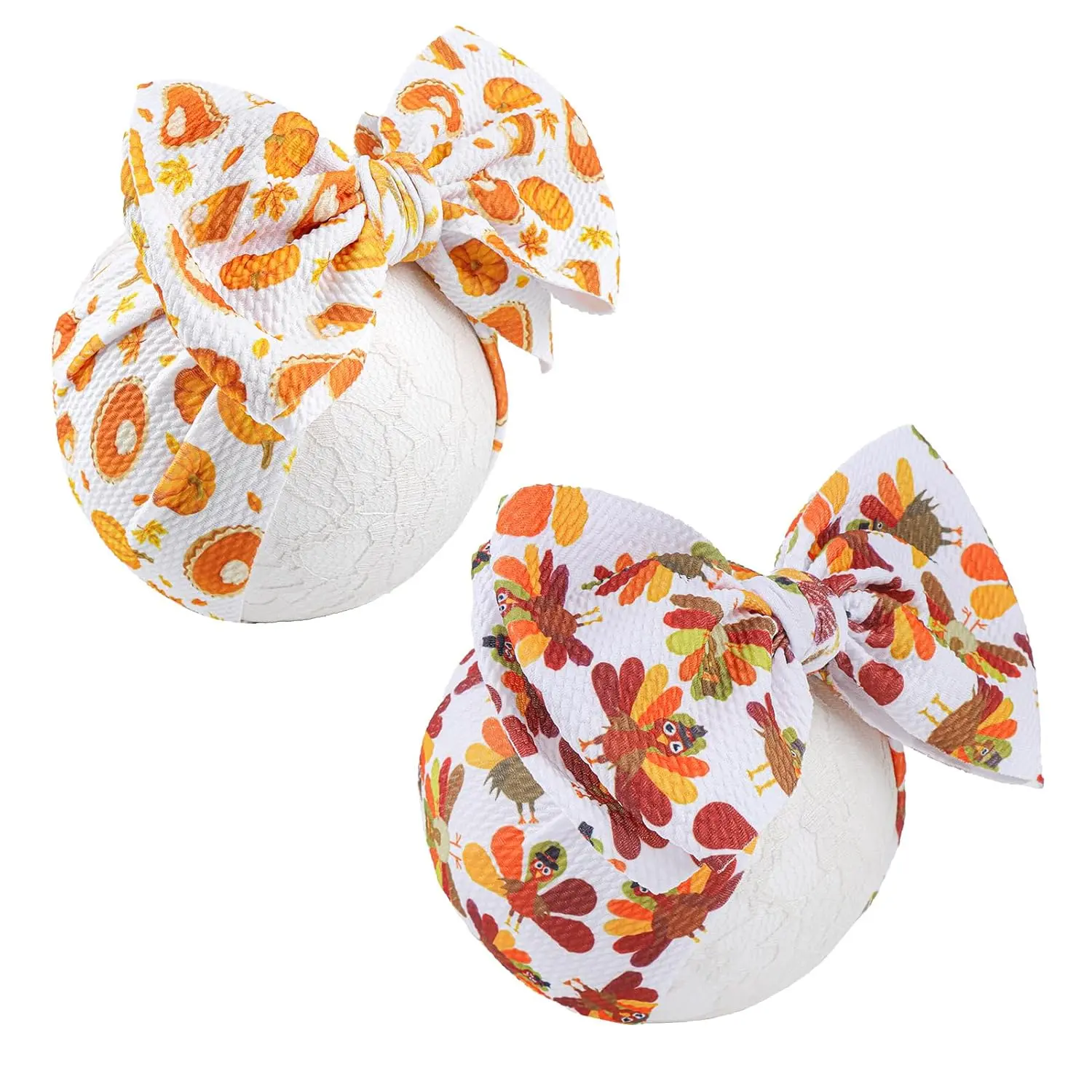 Chic Fabric Thanksgiving Turkey Printed Handmade Pumpkin Bows with 15 Inches Elastic Band Headband for Baby Girls, Fall Theme Party Kids' Fashion Accessories, Hand Wash Only, 15 Inches Headband