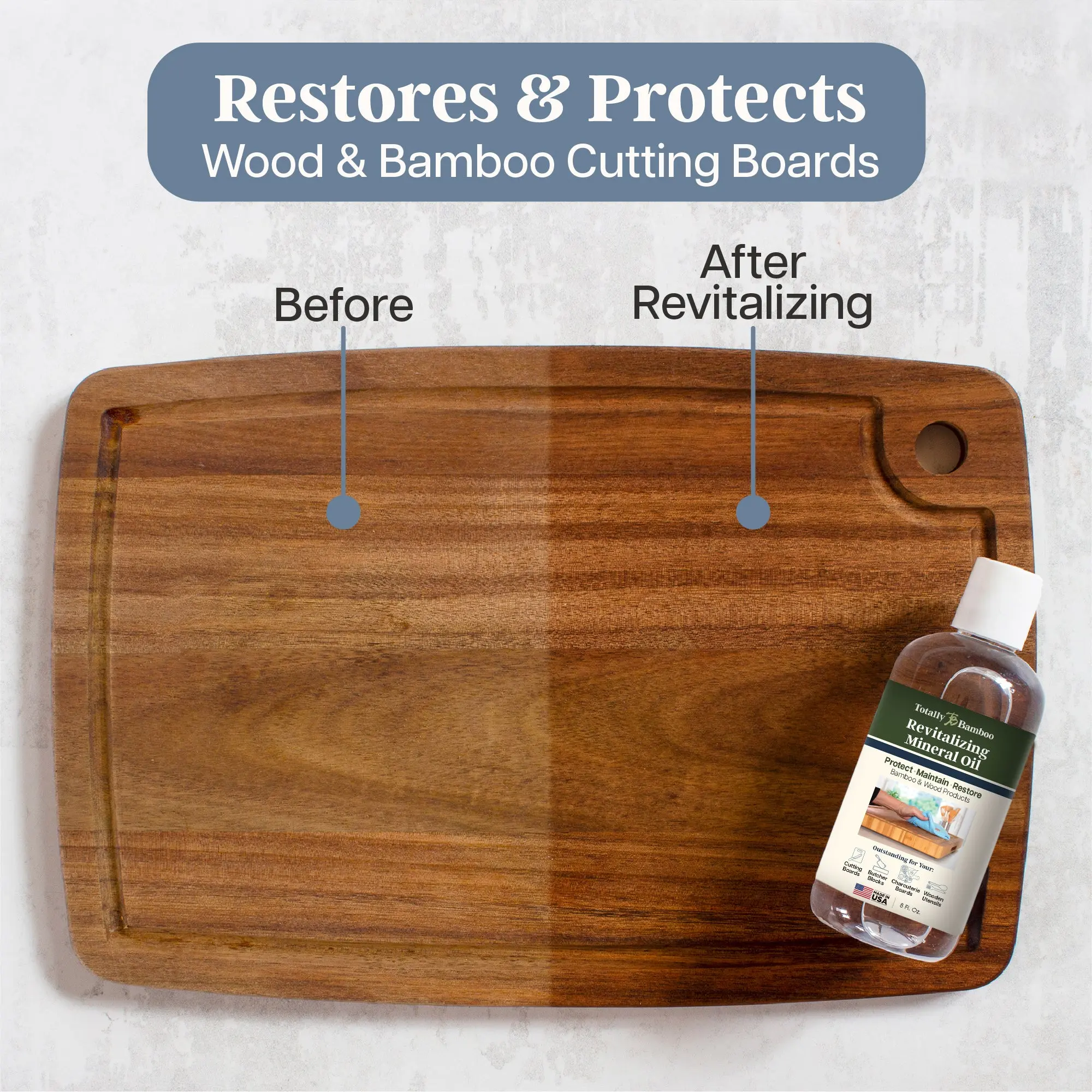 Totally Bamboo Revitalizing Oil for Cutting Boards, 8 Oz Bottle - Restores + Protects Wood & Bamboo Kitchen Utensils - Food Safe Mineral Oil, Made in USA