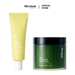 [Meebak] Cleanse Correct & Protect Duo - Cica Redness Solution Sunscreen SPF 50 & Cica Cleansing Water Pads - TikTok Exclusive Skincare Set for Fair to Medium Skin Tones