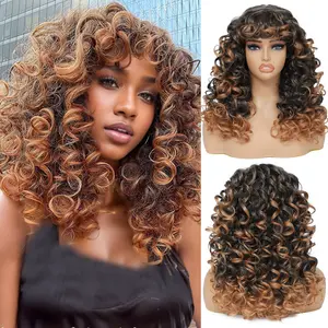 Women's 18in Curly Synthetic Full Machine Wig - Glueless with Bangs, Bouncy Waves, Easy-to-Wear, Beginner-Friendly, Affordable Fashion Accessory for Daily & Party Use, Curly Hair Gift