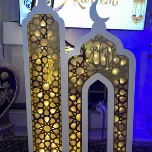 Islamic Eid Ramadan Art House Decor White & Gold Decorations with LED Lights for Festive Home Decor Religious | 120*74*12 CM