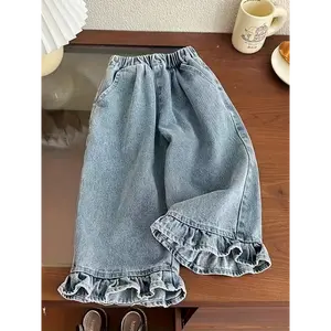 2026 New Girls Jeans Spring Korean Style Casual Ankle Length Pants for Kids Outdoor Holiday Children's Denim Trousers with Comfortable Fit