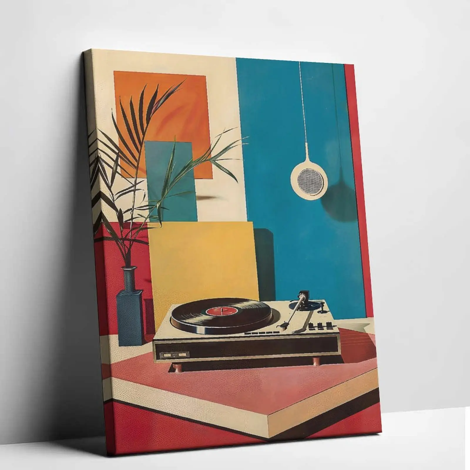 Vintage Turntable Bauhaus Unframed Canvas Print - Retro Colors Vibrant Wall Art, Funky Unique Home Decor for Living Room, Bar, Home Inspo