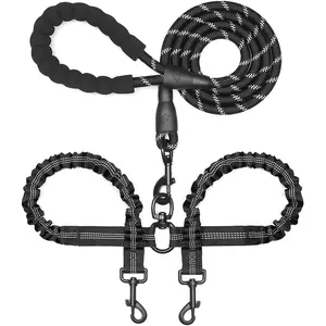 Double Dog Leash for 2 Dogs - No Tangle 360° Rotation, Shock Absorbing Bungee, Reflective No Pull Design, Comfortable Padded Handle for Small Medium Large Breed Dogs Walking