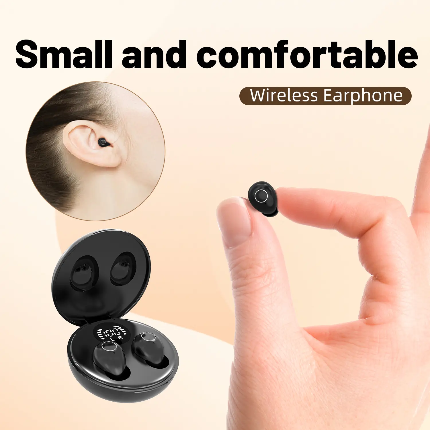 Lightweight wireless earphones, mini sleep Bluetooth earphones, compact design, clear sound, ultra long battery black audio electronic earphones, suitable for wireless in ear Bluetooth earphones in travel offices