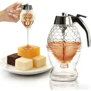 No-Drip Glass Honey Dispenser with Plastic Stand - Diamond Shaped Honey Stand and Syrup Dispenser - Bee Decorative Honey Storage Jar, Glass Syrup Dispenser for Honey, Syrup - 8 oz