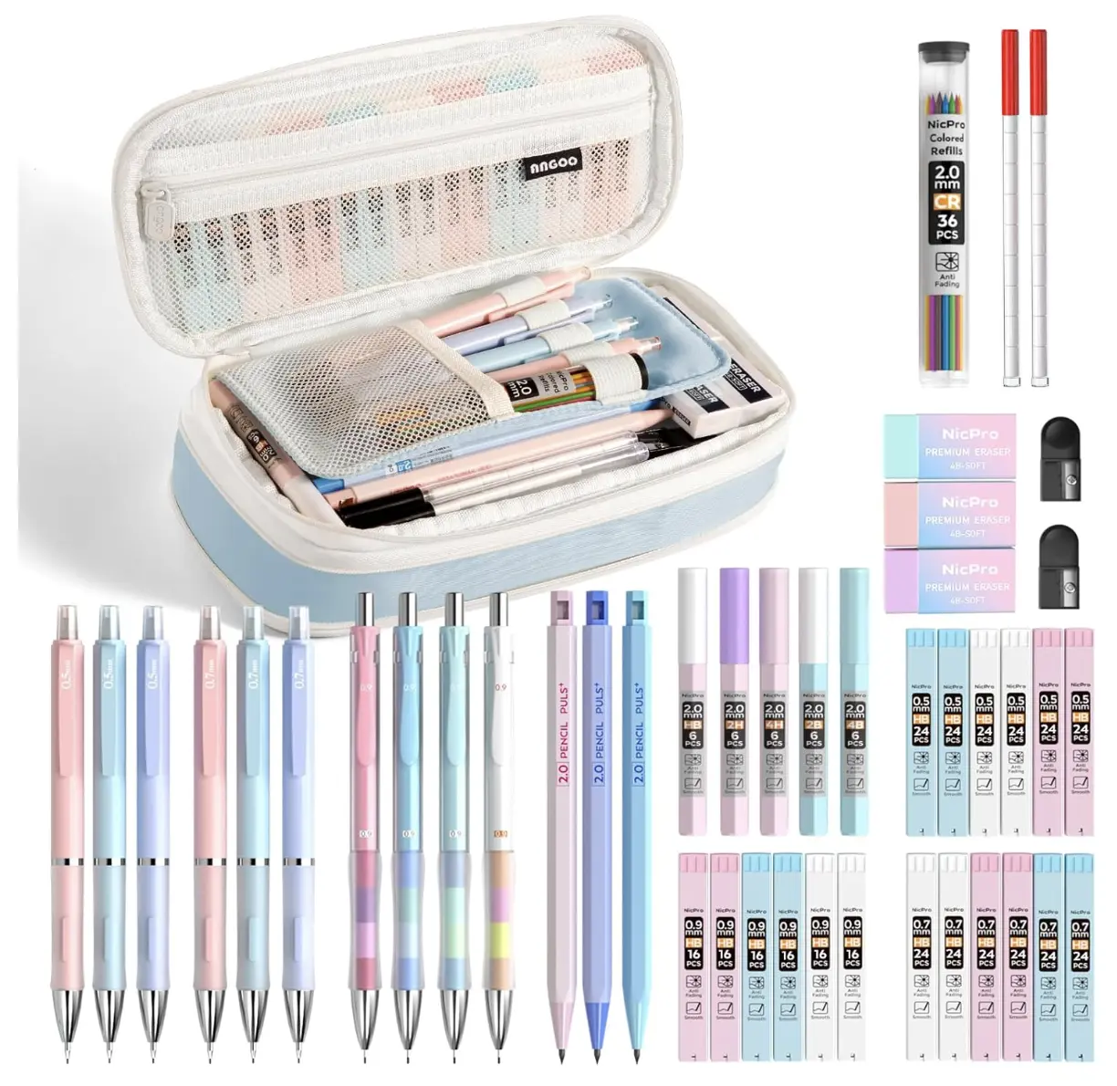 (Set of 45) Large-Capacity Pen Case, Pastel Mechanical Pencils with 24 Lead Tubes and Erasers for Writing and Drawing