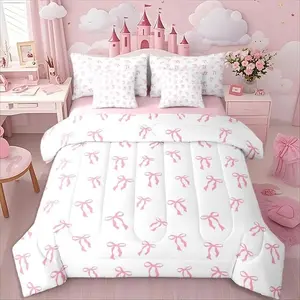 Cute Bowknot 7 Pieces Bedding Sets,Pink Bow Princess Comforter Set,Watercolor Bow Knot Pink White Bed Set,