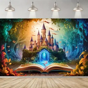 2D Flat，Beautiful In the Book Castle Background Decoration Background Photo Props, Polyester Banner Decor, Home Decor, Room Decor, Wall Decor, Party Background Decor, Party Decor/supplies/gifts Decorative Background, Party Decorations Banners