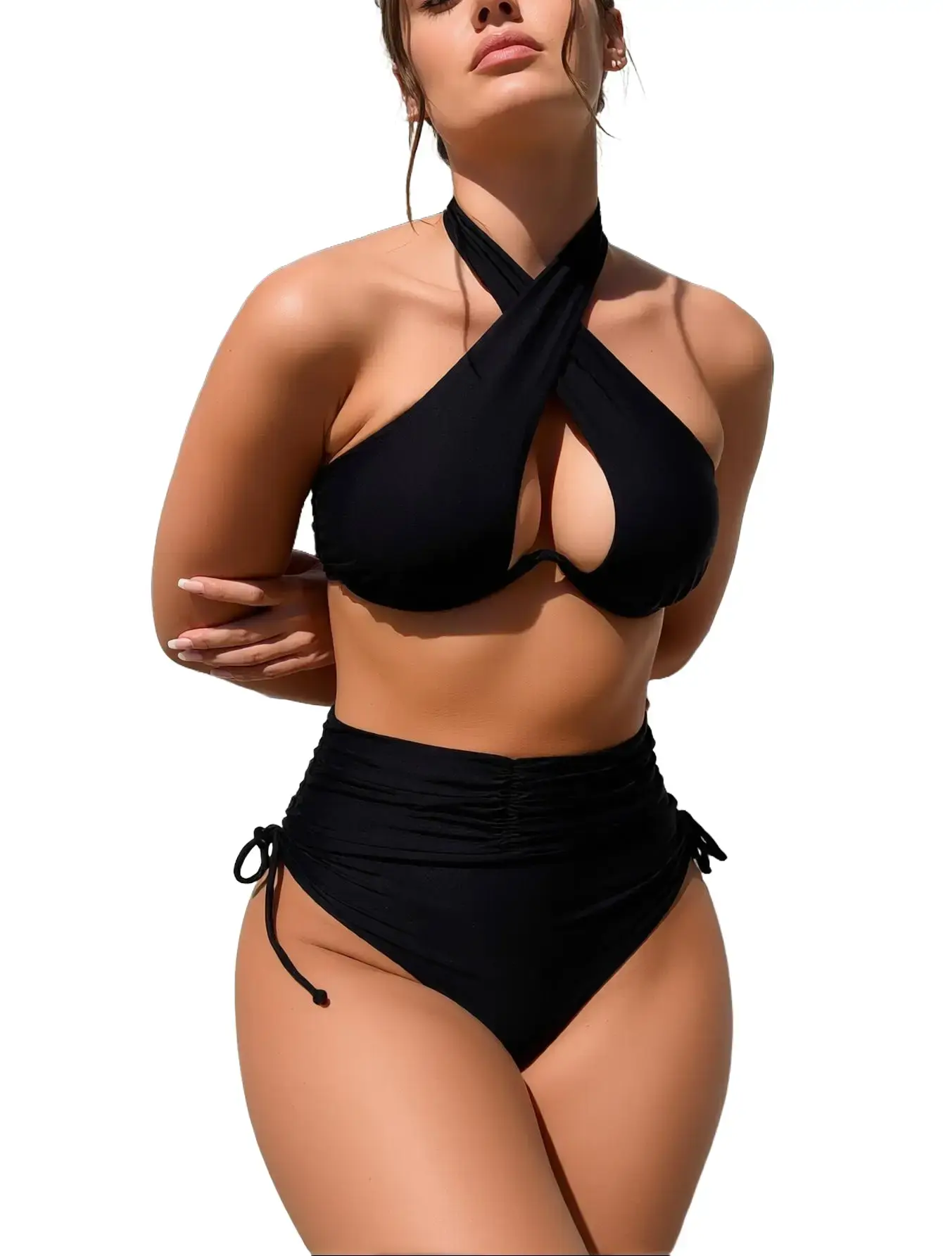 Black Cross Halter Underwired Bikini Set, High Waist Ruched Drawstring Bottom Slimming Two-Piece Swimwear for Women Beach Vacation
