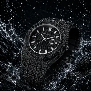 Black Iced Out Watch 42mm Diamond Bust Down Mens Watch Hip Hop Luxury All Black Stainless Steel Bling Watch Stealth Style Gift