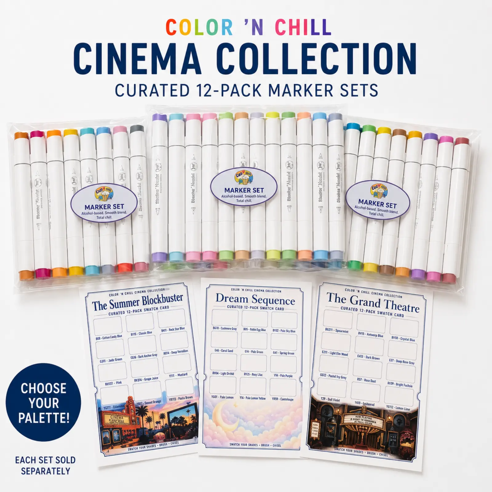 Color 'n Chill Cinema Collection Curated 12-Pack Ohuhu Honolulu Alcohol Marker Set + Exclusive Swatch Card, Colorful Marker Set, Journaling Supplies, Alcohol Ink