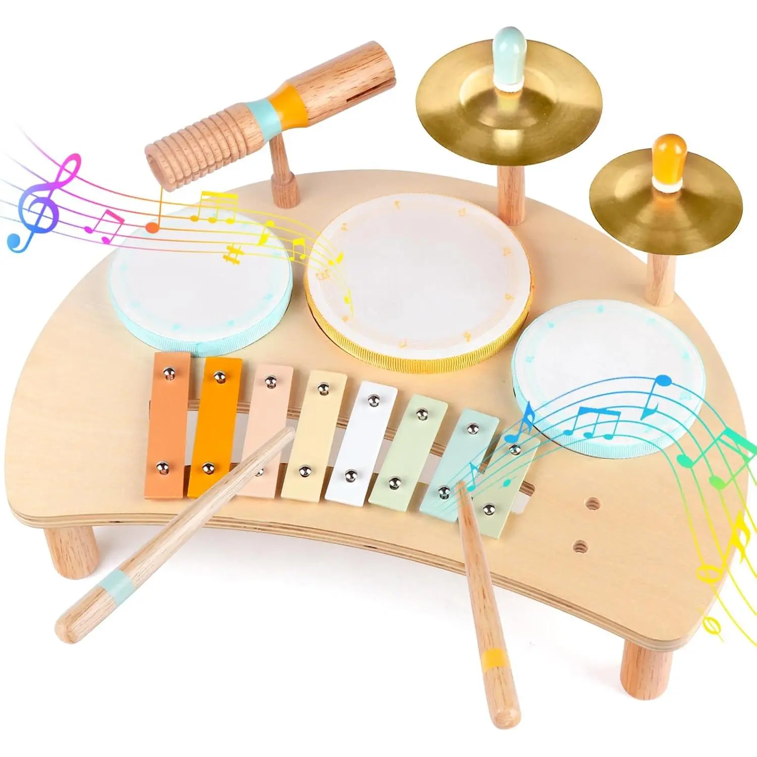 Wooden Kids Drum Set with Xylophone - Unisex 1-3 Years Baby Sound Toy, 18-24 Months Preschool Early Learning Music Toy, 1 Size Educational Birthday Gift (Multicolored, None Additional Accessories), One Size