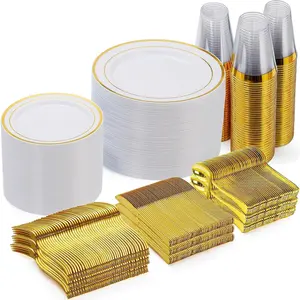 600 Pieces Gold Disposable Plates for 100 Guests, Plastic Plates for Party, Dinnerware Set of 100 Dinner and 100 Dessert Plates, 100 Spoons, 100 Forks, 100 Knives, 100 Cups