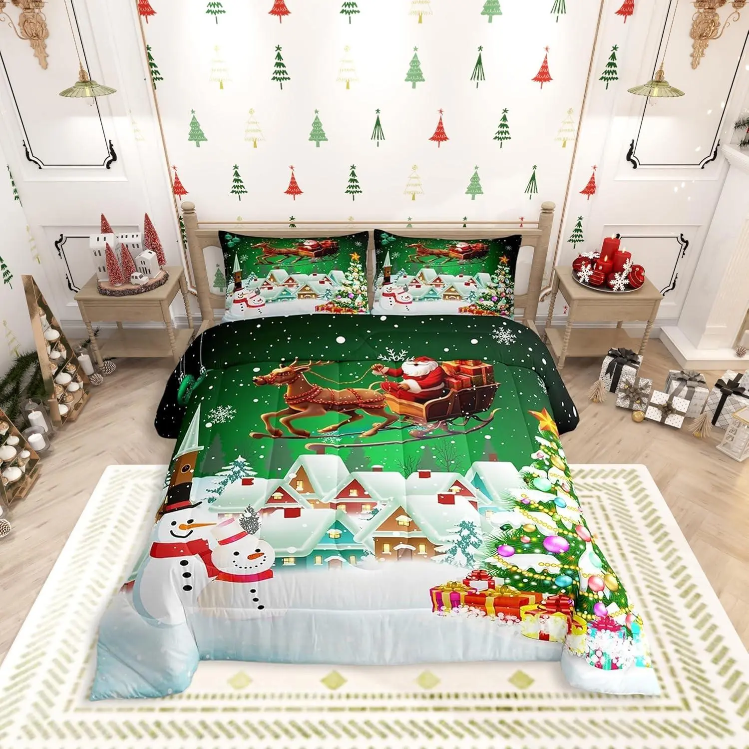 Christmas Comforter Setsnowman Xmas Tree Quilt Setsanta Claus with Deer Bedding Set for Kids Boys Girls Room Decor New Year Theme Duvet Insert