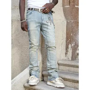 Men Vintage Light Blue Rhinestone Jeans, Washed Distressed Straight Leg Streetwear Denim Pants Men's straight leg pants