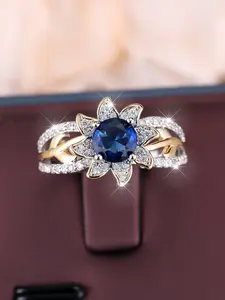 Thick Round Artificial Diamond Sunflower hook Ring, Boho Style, Perfect for Vacation Parties, Weddings, Blue Color Women's Ring