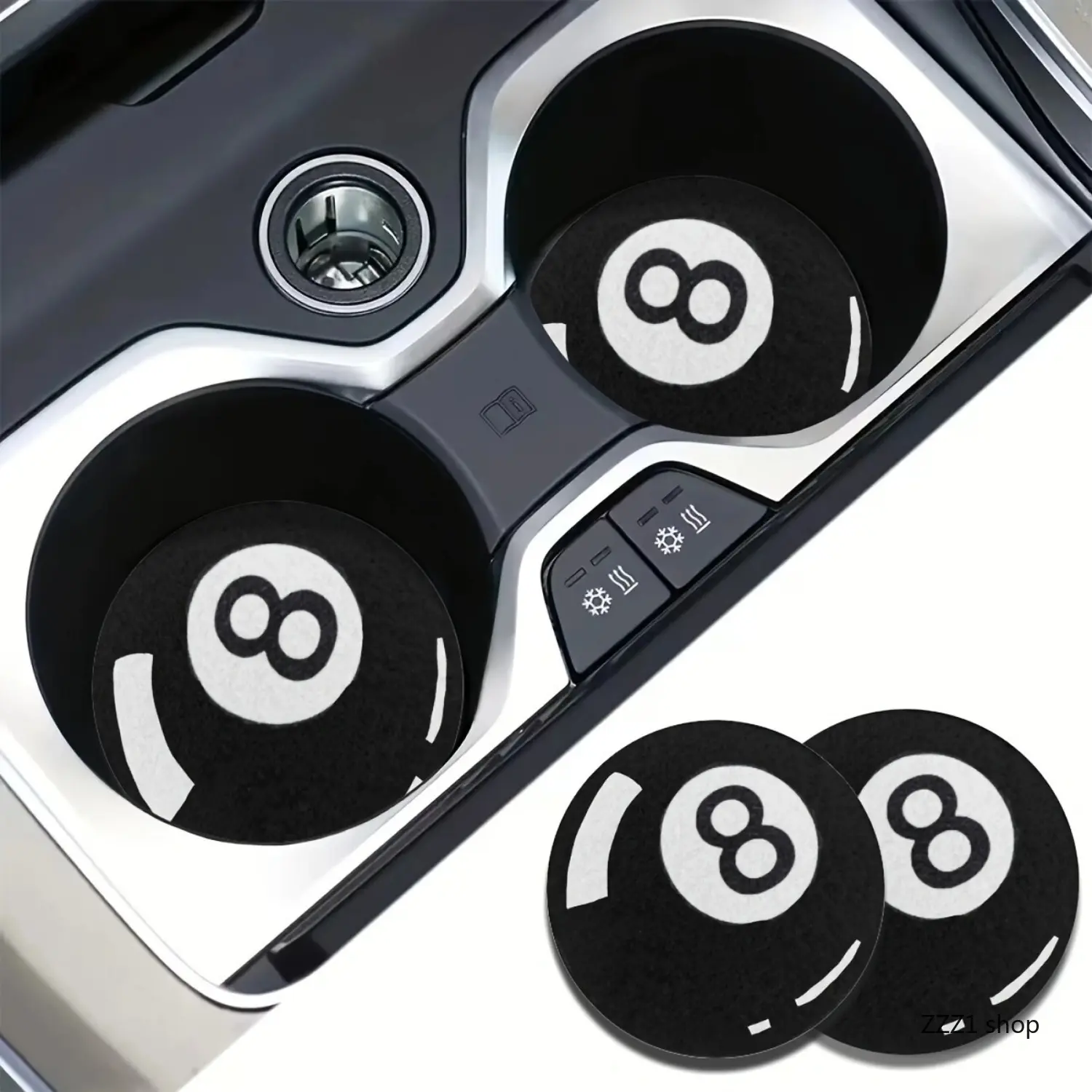 2-Pack Magic 8 Ball Absorbent Car Coasters, Gothic Billiards Style Auto Accessories Interior with Gothic Look & Edgy Cabin Flair, Car Decoration, Cool Stuff for Vehicle