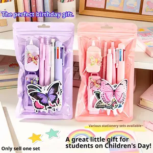 1 7-piece themed stationery set, student study supplies, School supplies, with three themes: butterfly, donut. Includes pencils, 6-color fountain pens, neutral pens, erasers, stickers, Perfect holiday gift