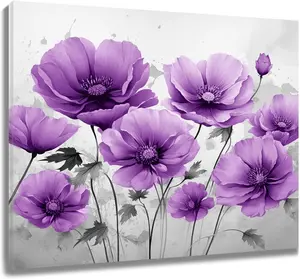 Vintage Floral Wall Art Purple Flower and Gray Leaf Canvas Wall Art Botanical Wall Art Decor for Living Room Bedroom Bathroom Office Home Framed Ready to Hang SHJY-00787