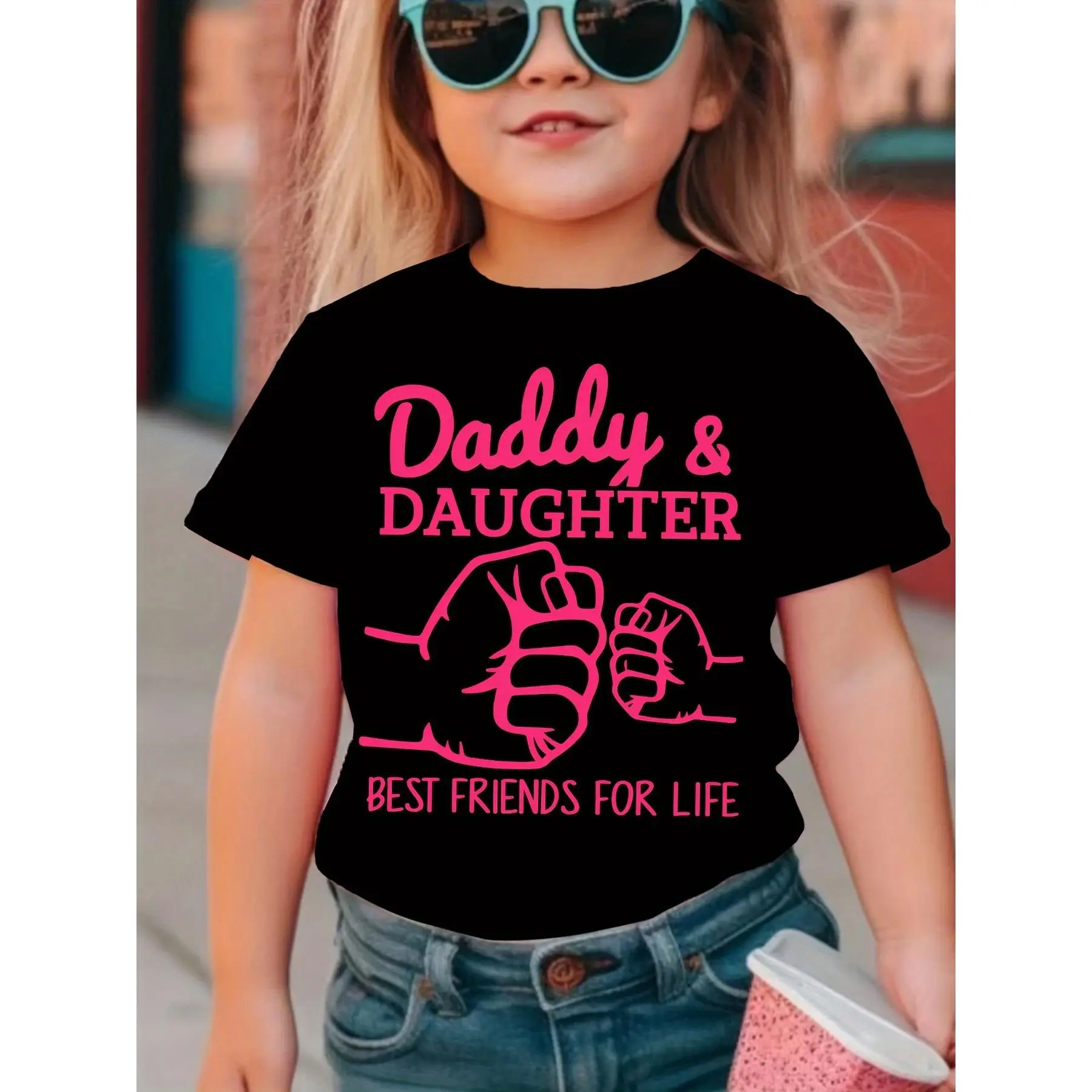 Dad and Daughter Boxing Pattern Printed T-shirt, Girls Spring and Summer Comfortable Fashion T-shirt, Girls Outdoor Clothing
