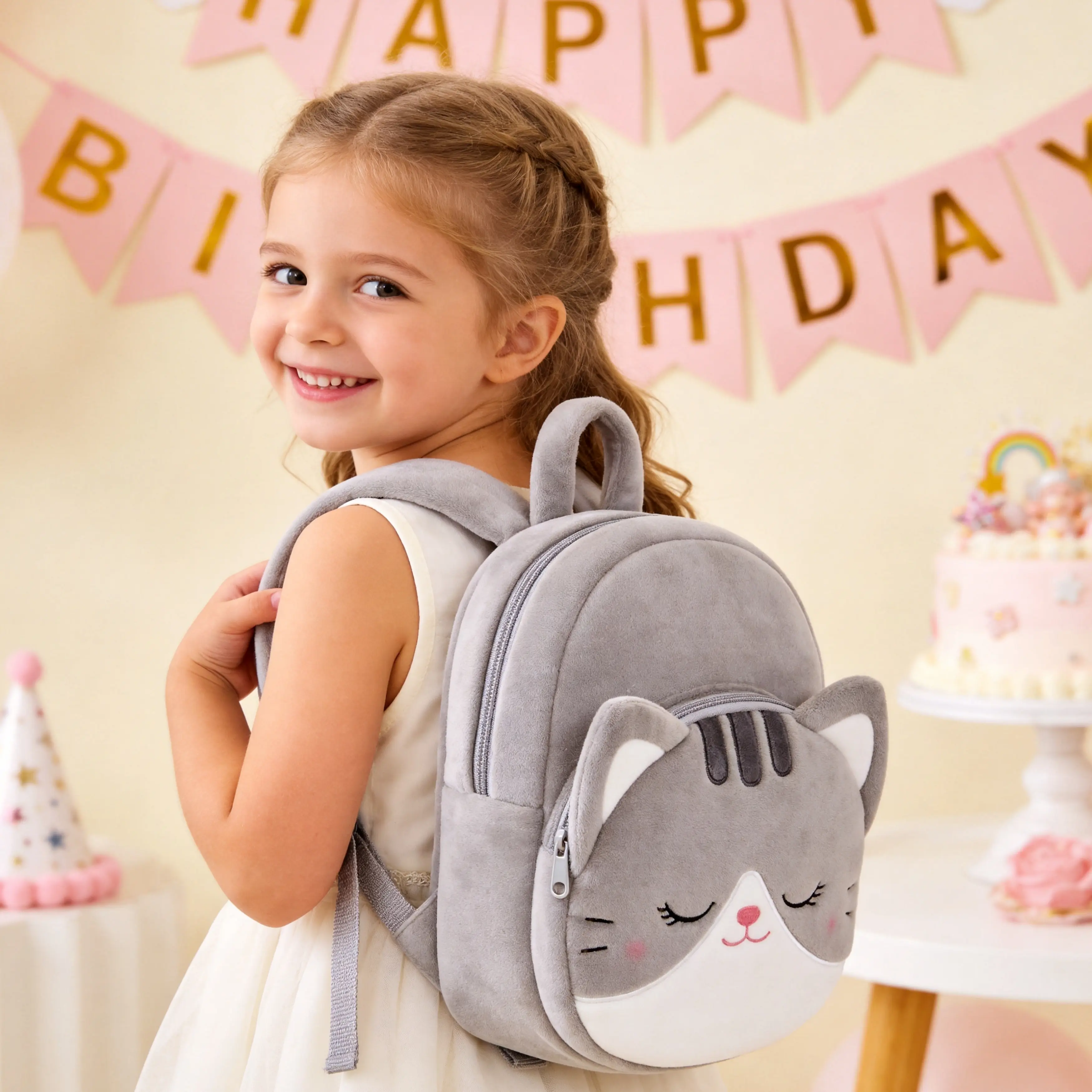 Plush Cat Backpack – Soft Double-Layer Toddler Backpack for Girls 2–6 Ages, Back to School,Lightweight & Practical Baby Bag, Cute Kitty Style School Travel & Nursery Gift, Perfect Birthday & Christmas Present for Kids Stuffed Animal Fluffy Milky Stuffed