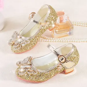 Girls' Princess Shoes with Rhinestone Flowers, New Autumn/Spring High Heel Golden Crystal Flat Shoes Children's Dress, Wedding, Banquet, Performance Princess Dress Shoes
