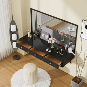 OPUL 47" Floating Shelf with Drawer & Glass Top - Floating Drawers for Wall, Multi-Purpose Wall-Mounted Vanity Table, Mounted Desk, Floating Table for Bedroom, Bathroom, Hairdressers, Dressing Room, Small Spaces, Black and Golden
