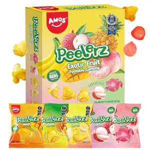 AMOS Peelerz Exotic Fruit Peelable Gummy Candy, 5 Tropical Flavors Mango Peach Banana Pineapple Lychee, 8.47oz Box 10 Individual Packs, Real Fruit Juice, Gluten Free, No Artificial Dyes, Non GMO