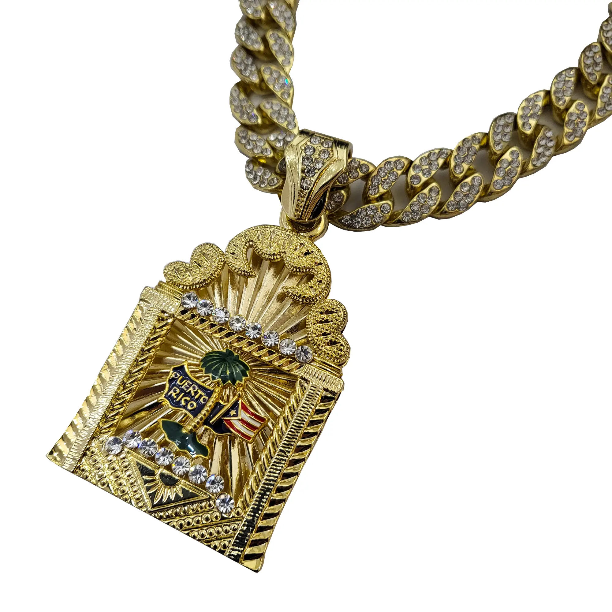 MaxBling81 15mm Chunky Cuban Chain, Gold Plated Iced Out Hip Hop Necklace with Pendant, Unisex Costume Jewelry Set, 16"-30" Length, Iced Out Pendants, Chunky Jewelry, Iced Out Chain