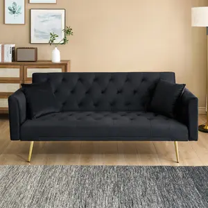 71 Inch Foldable Double Sofa American Retro Style Black Velvet Fabric Convertible Sleeper Small Space Living Room Bedroom Office Apartment Sofa Bed Sleeper Sectional with Storage Ottoman