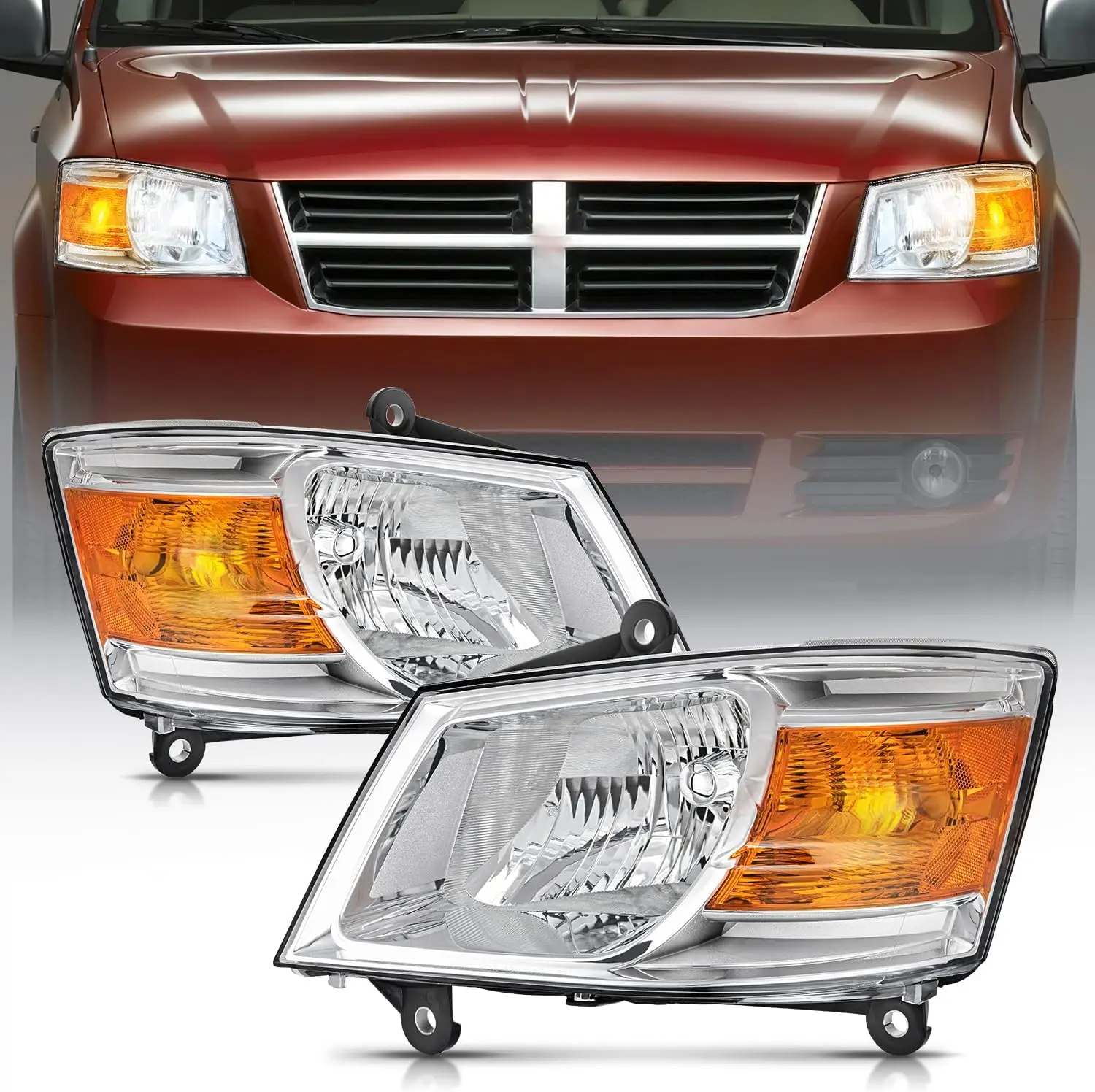 Nilight Headlight Assembly for 2008 2009 2010 Dodge Grand Caravan Replacement Headlamp Chrome Housing Amber Reflector Driver and Passenger Side, Beam Headlight, Bright Headlight Automotive  Summervibes