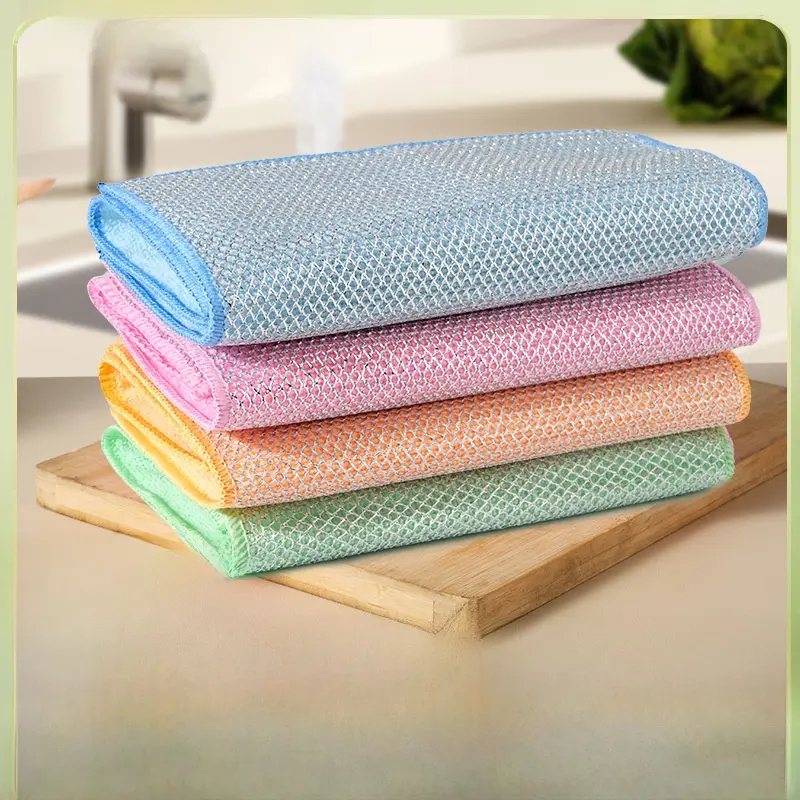 Household Kitchen Synthetic Polyester Steel Wire Cleaning Cloths 2-Pack (25x25cm) - Washable, Stain-Resistant, Oil-Proof, Thick, Double-Sided, Durable, Absorbent Microfiber Wipes