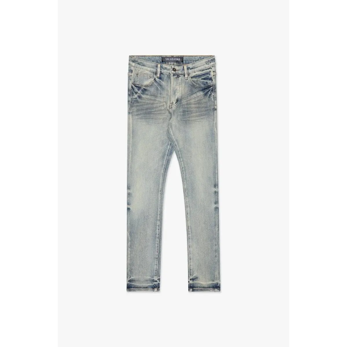 Menswear Fitted Light Blue Washed Denim Skinny Jeans, Casual Streetwear Bottoms for Men, Pocket, Sneakers, Graphic, Graphic Tees, Skinny Fit, Washed Look, Denim Fabric, Full Length, Cold Wash