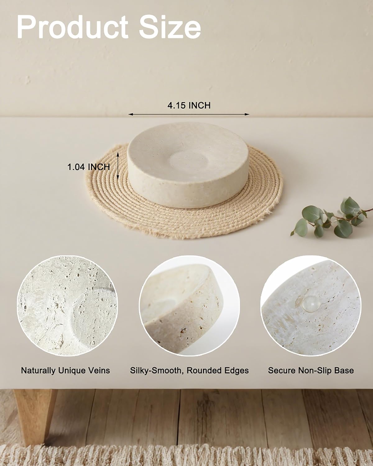 Natural Travertine Marble Soap Dish & Jewelry Tray, 4.5 Inch Round Stone Soap Holder for Bathroom, Kitchen, Shower Sink - Non-Slip Bottom, Handcrafted Beige Decor for Sponge, Bar Soap, Trinkets