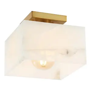 JONATHAN Y Alessia 1-Light Modern Contemporary Alabaster/Iron Cube LED Semi Flush Mount; for Living Room, Bedroom, Kitchen, Office