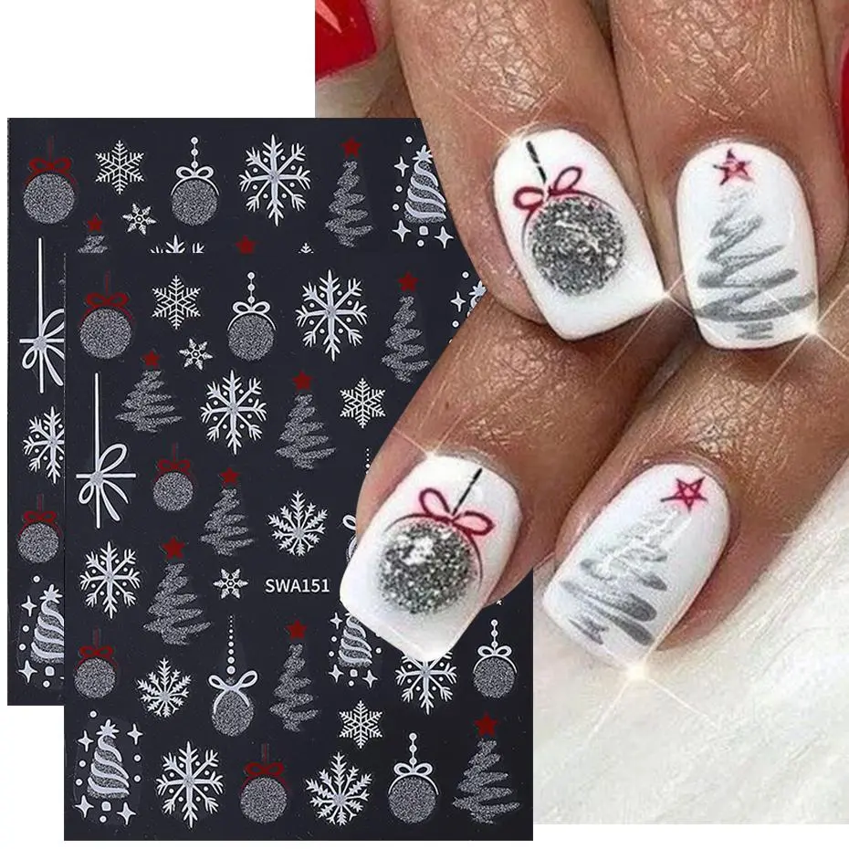 2pcs Flash Silver Christmas Nail Art Stickers Xmas Tree Lamp Ball Lace Snowflake Adhesive Nail Decals DIY Manicure Decoration
