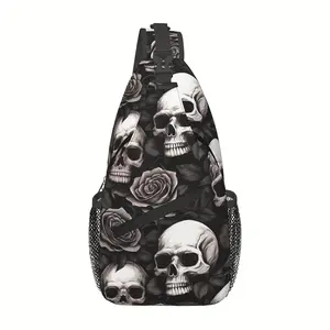 Crossbody Chest Bag Hiking Backpack Skull And White Roses Shoulder Bag Folding Large Capacity Fashion Durable Can Be Used For Shopping, Work, Leisure Travel Beach Bag Fishing Backpack
