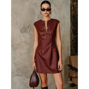 PU Leather Metal Buckle Sleeveless Mini Dress