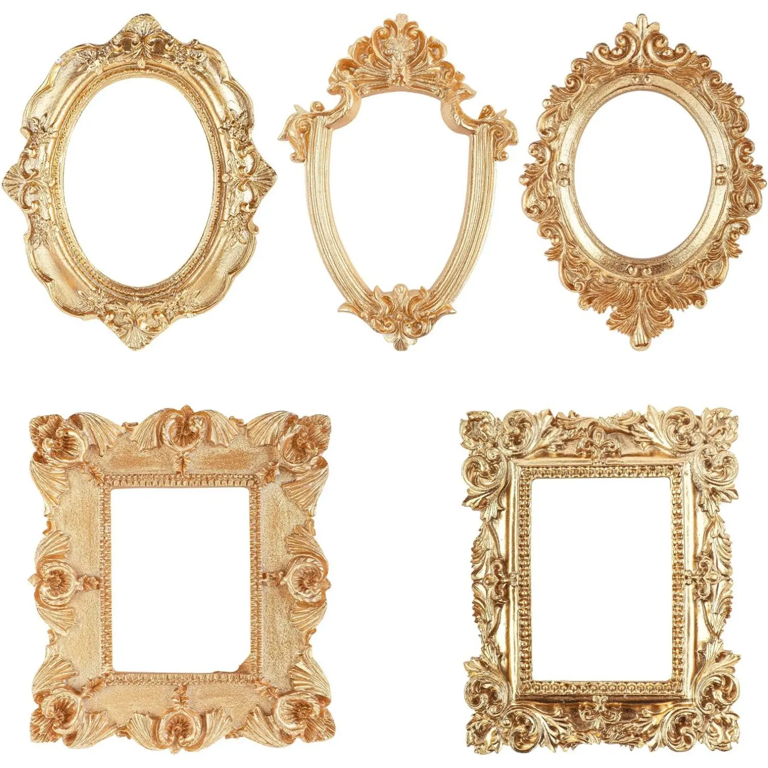 5Pcs (Gold)/Silver Rustic Vintage Mini Resin Picture Frame Set, Floral Decorative Wall-Hanging Frames, Travel-Size Prop Display for DIY Enthusiasts, Home Decor Accessory (Tools & Hardware Hand Tool Kit Component)
