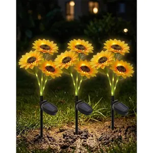 Solar-powered sunflower light (three-head design), waterproof, suitable for outdoor gardens, lawns, and flower beds.Automatically lights up at dusk, intelligent sensor.Solar LED light source, landscape lighting, two-pack.