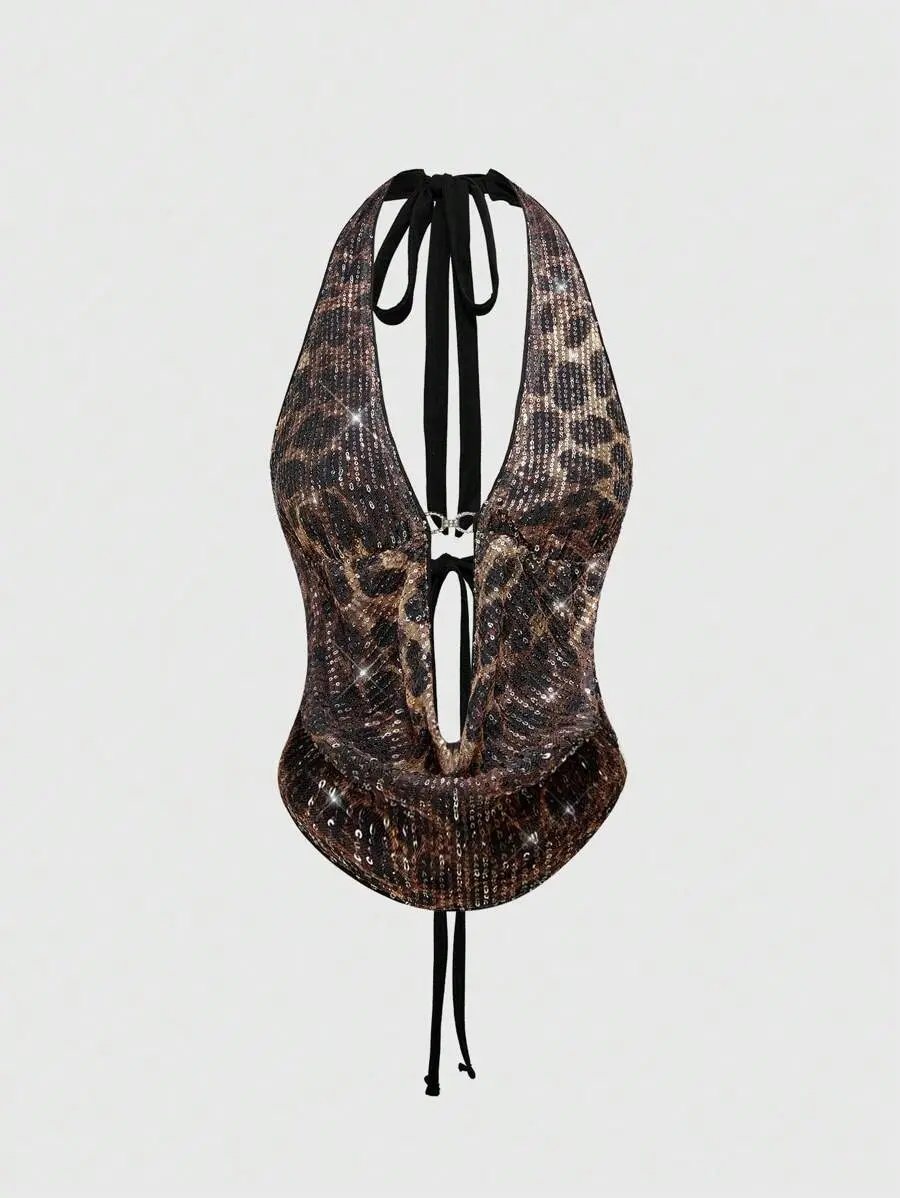 PULSEx J-Fashion Spring/Summer Valentine's Day Women's Leopard Print Sequins Fabric Y2K Sexy Cami Top, Music Festival Style