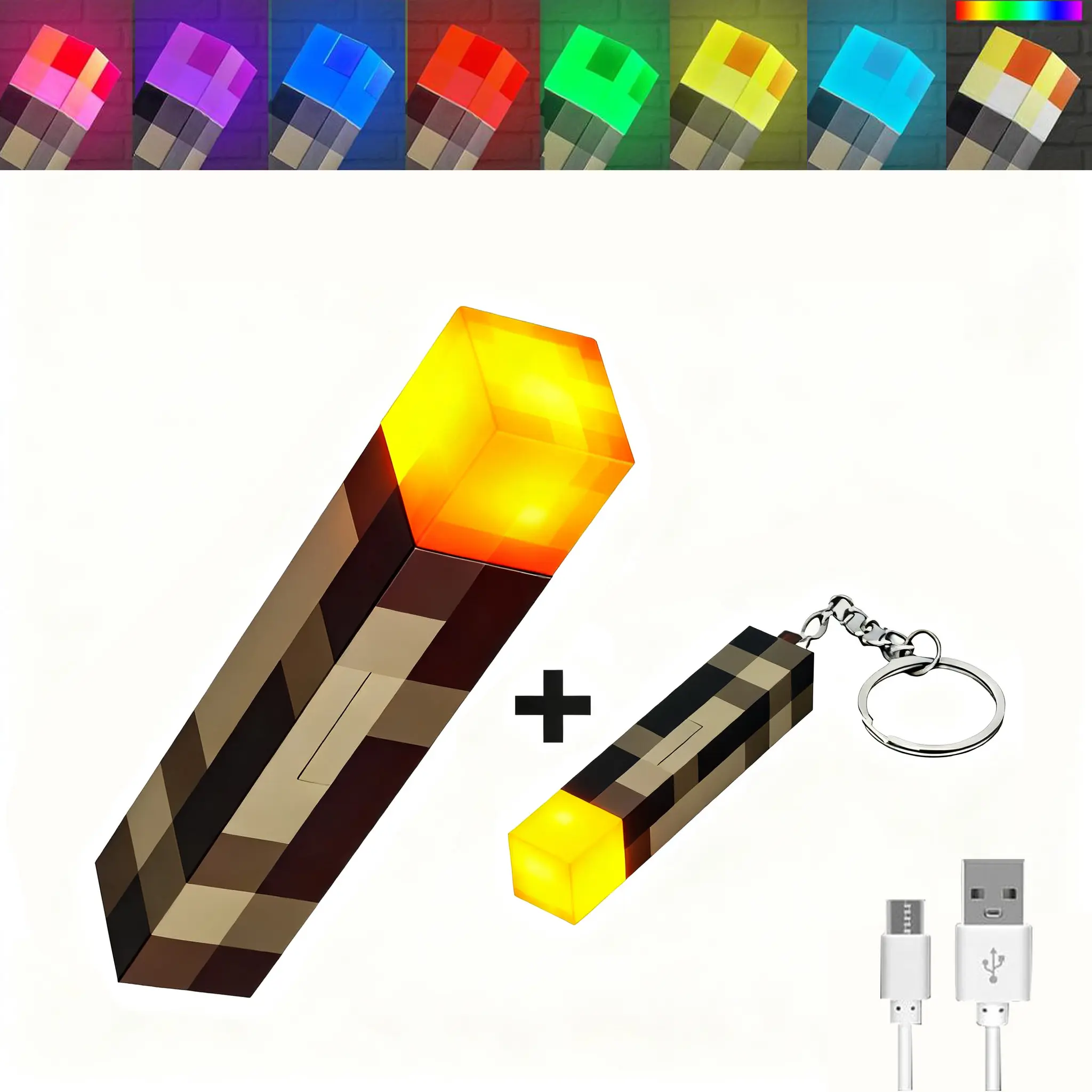 MC Upgraded Pixel Torch Night Light - USB-Pluggable LED Multicolor Wall Lamp, Handheld Flashlight, Novelty Gadget, Kids' Room Decor, Festival Party Gift, Free Mini Pendant Keychain
