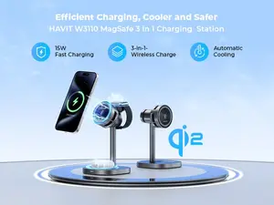 Clearance price! Havit 3 in 1 Wireless Charging Station, Qi2 15W Cooling Magnetic Charging Stand, MagSafe Fast Wireless Charger for iPhone 17/16/15/14 Series, Apple Watch, AirPods, 45W Adapter Included
