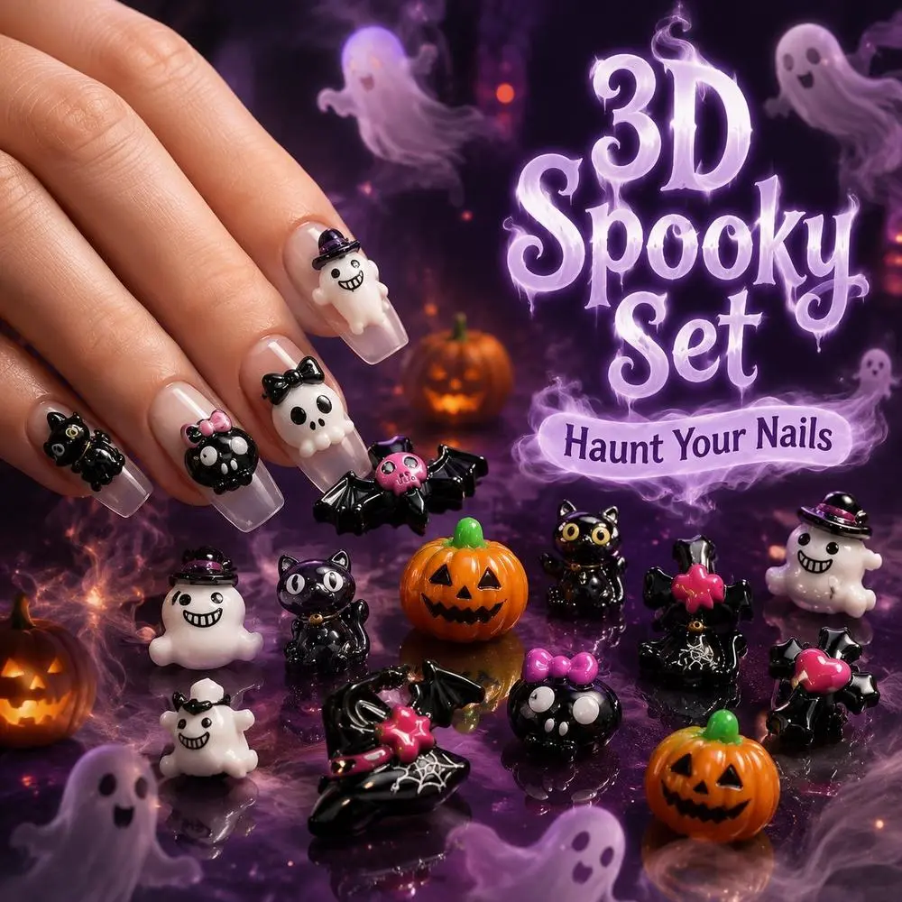 50Pcs Mini Cartoon Halloween Nail Charms Ghost Pumpkin Bat Witch Hat Ornaments Fall Holiday Nail Decor Kit