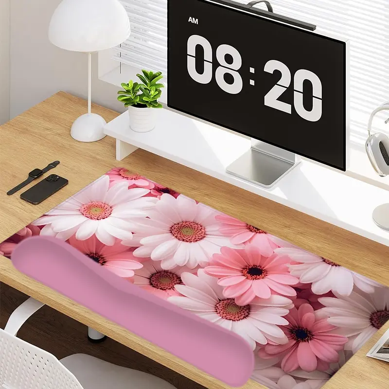 4 - in - 1 Pink Daisy Floral Elements Large Gaming Mouse Pad + Keyboard Wrist Rest + Mouse Pad with Wrist Support + Coaster Set with Ergonomic Design for Home Office Table Computer, Rubber Base Mousepad with Stitched Edges, Easy Typing Pain Relief